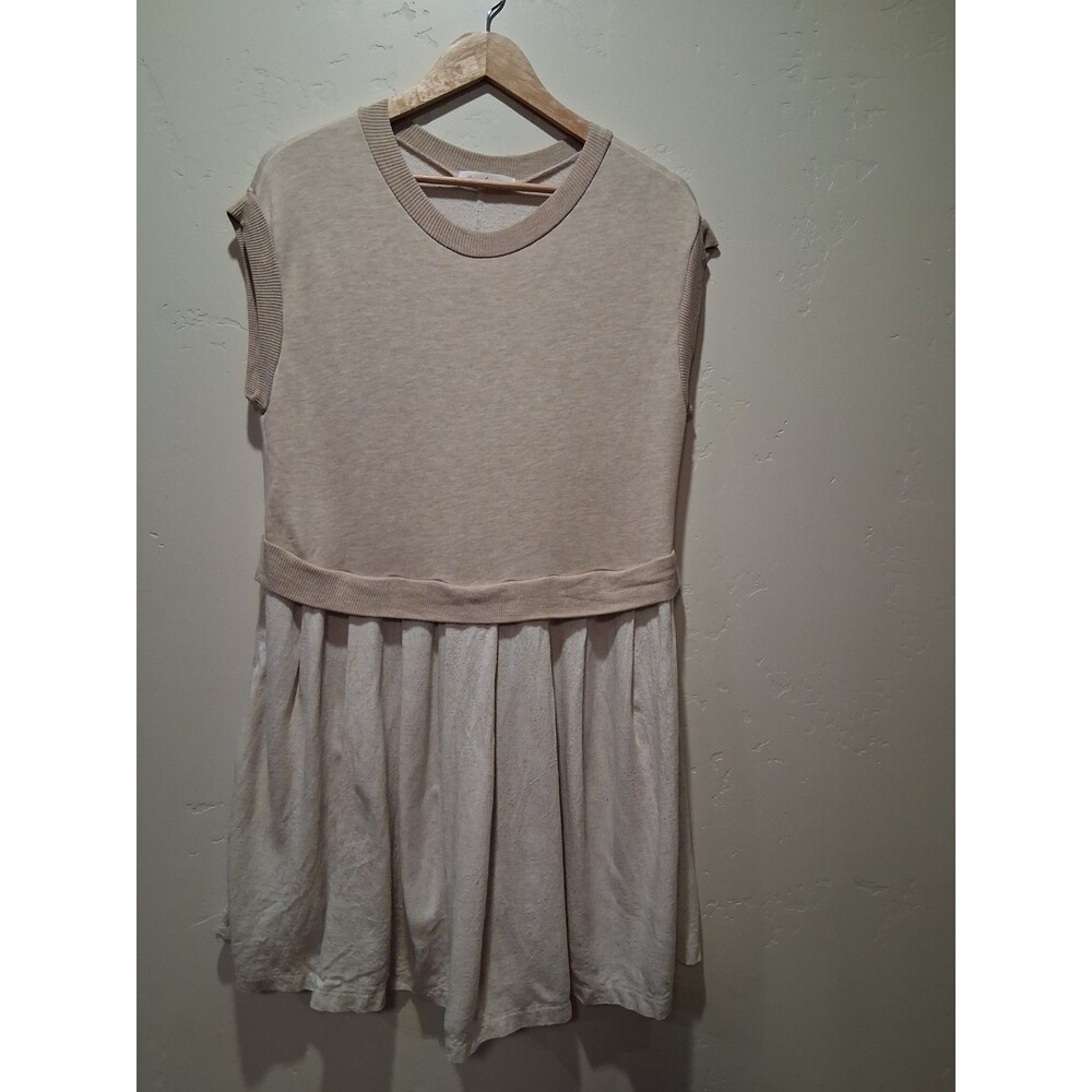 Ces Femme Oatmeal French Terry Pleated Sleeveless Mini Dress Lagenlook Artsy M/L